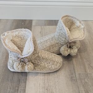 Cozy Knit Slipper Boots with Pom Poms